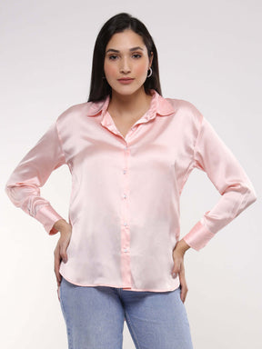 Women's Premium Soft Pink Drop Shoulder Oversized Summer Satin Shirt