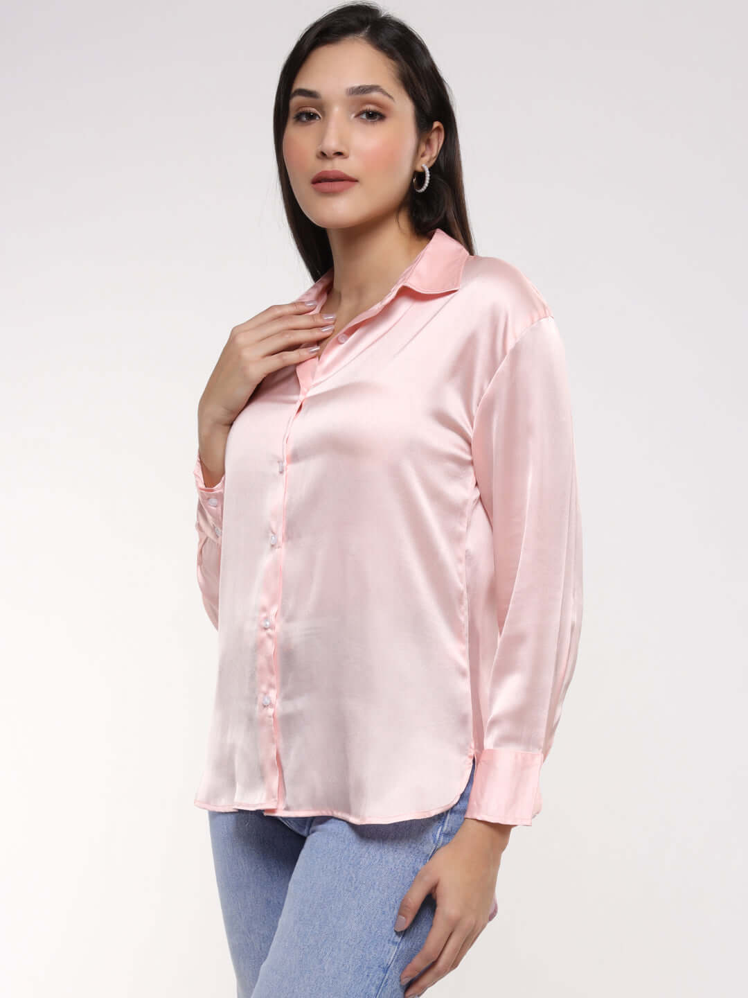 Women's Premium Soft Pink Drop Shoulder Oversized Summer Satin Shirt