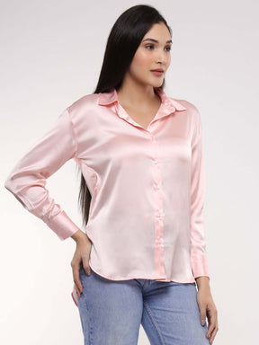 Women's Premium Soft Pink Drop Shoulder Oversized Summer Satin Shirt