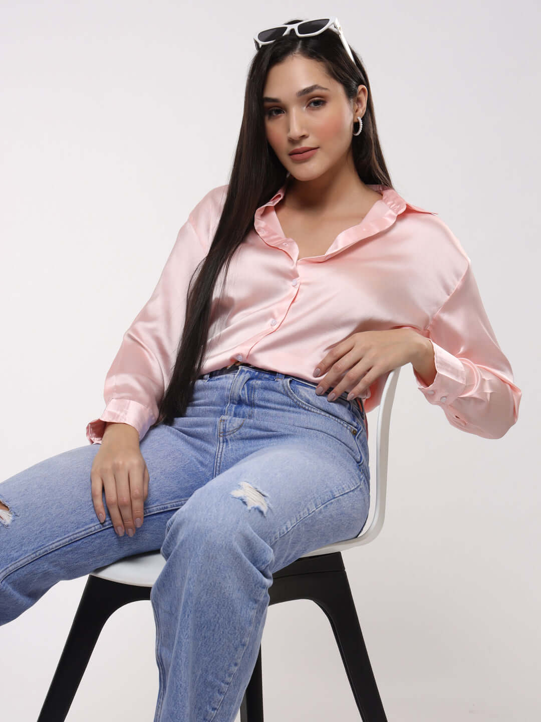 Women's Premium Soft Pink Drop Shoulder Oversized Satin Shirt
