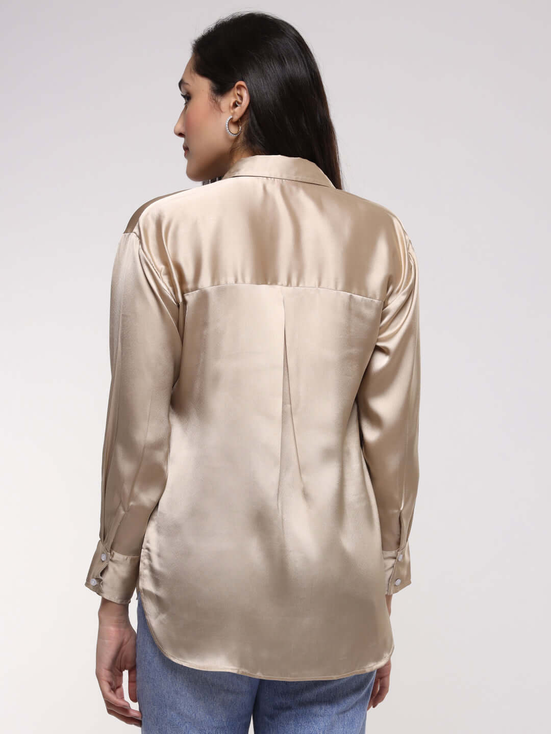 Women'S Premium Tan Brown Drop Shoulder Oversized Satin Shirt