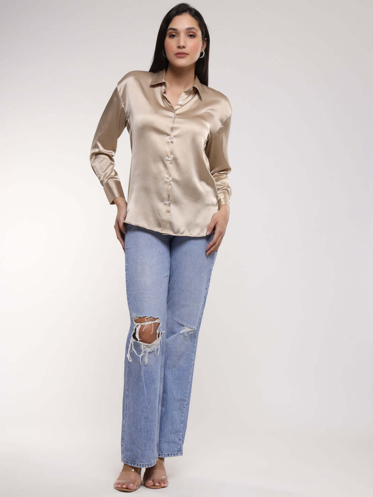 Women'S Premium Tan Brown Drop Shoulder Oversized Satin Shirt