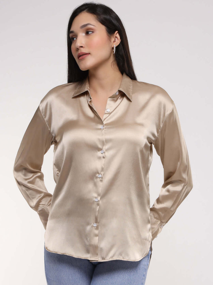 Women'S Premium Tan Brown Drop Shoulder Oversized Satin Shirt