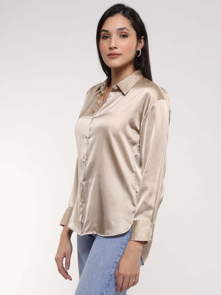 Women'S Premium Tan Brown Drop Shoulder Oversized Satin Shirt