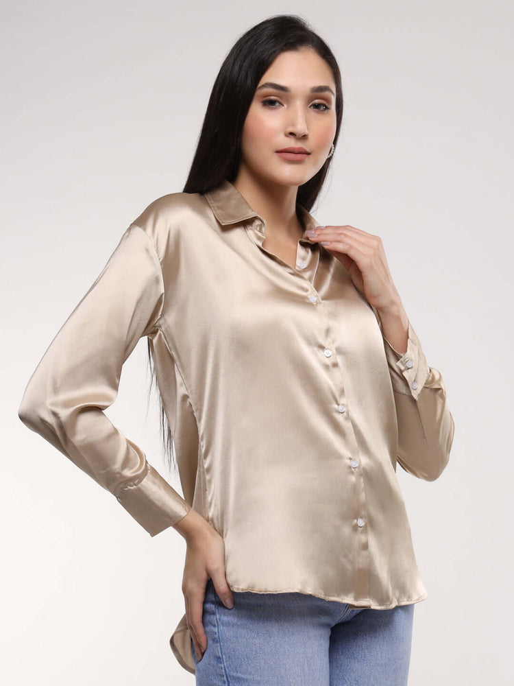 Women'S Premium Tan Brown Drop Shoulder Oversized Satin Shirt
