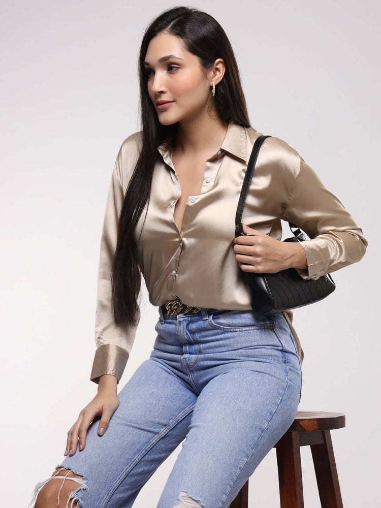 Women'S Premium Tan Brown Drop Shoulder Oversized Satin Shirt