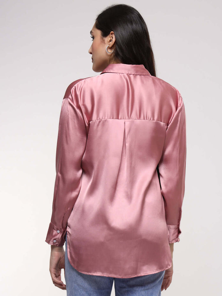 Women'S Premium Blush Pink Drop Shoulder Oversized Satin Shirt