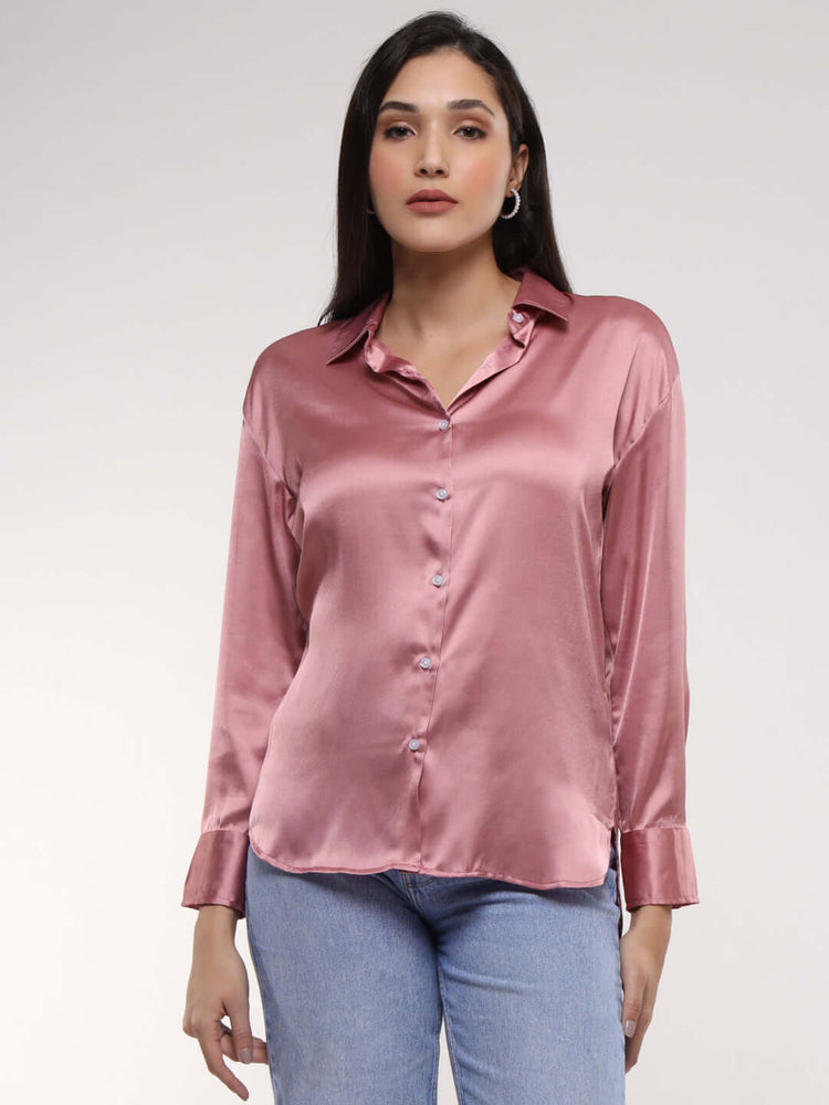 Women'S Premium Blush Pink Drop Shoulder Oversized Satin Shirt