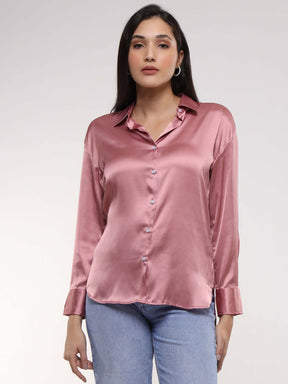 Women's Premium Blush Pink Drop Shoulder Oversized Satin Shirt