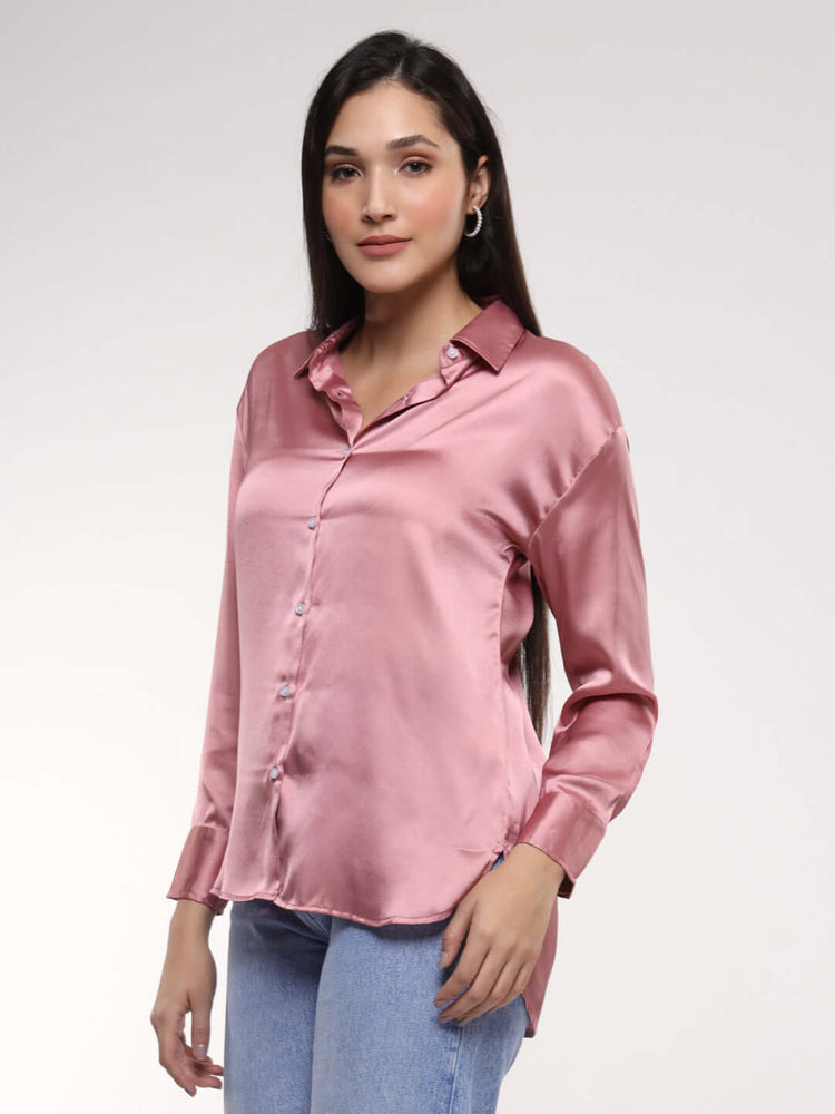 Women'S Premium Blush Pink Drop Shoulder Oversized Satin Shirt