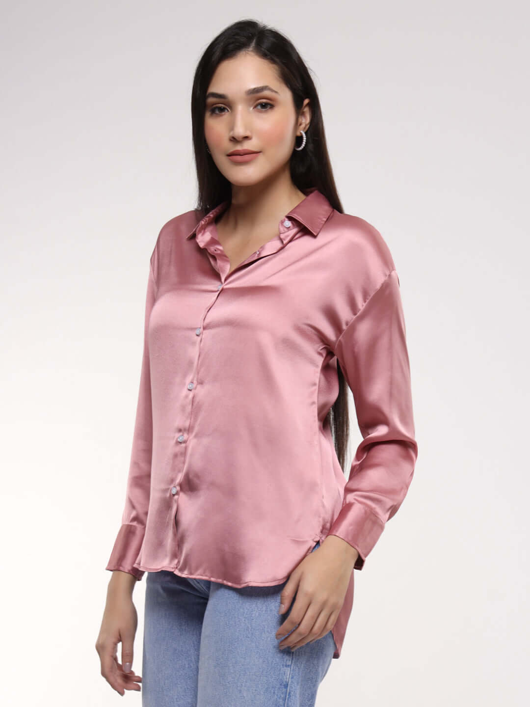Women's Premium Blush Pink Drop Shoulder Oversized Satin Shirt