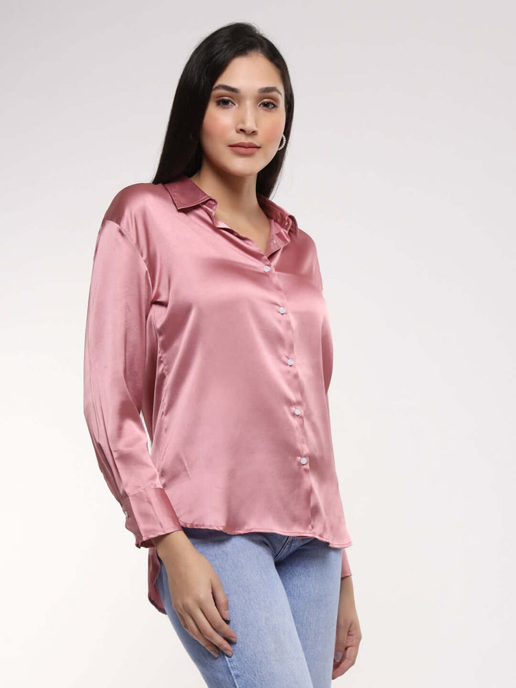 Women'S Premium Blush Pink Drop Shoulder Oversized Satin Shirt