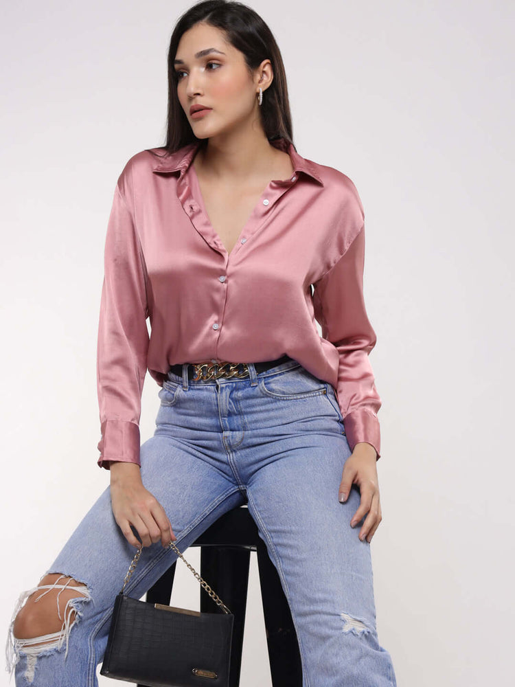 Women'S Premium Blush Pink Drop Shoulder Oversized Satin Shirt