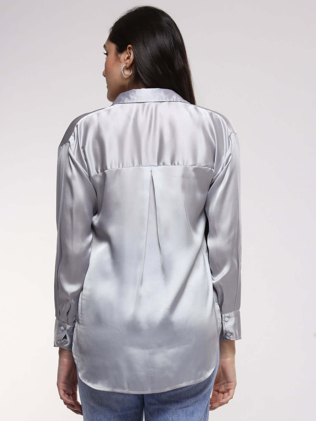 Women'S Premium Steel Grey Drop Shoulder Oversized Satin Shirt