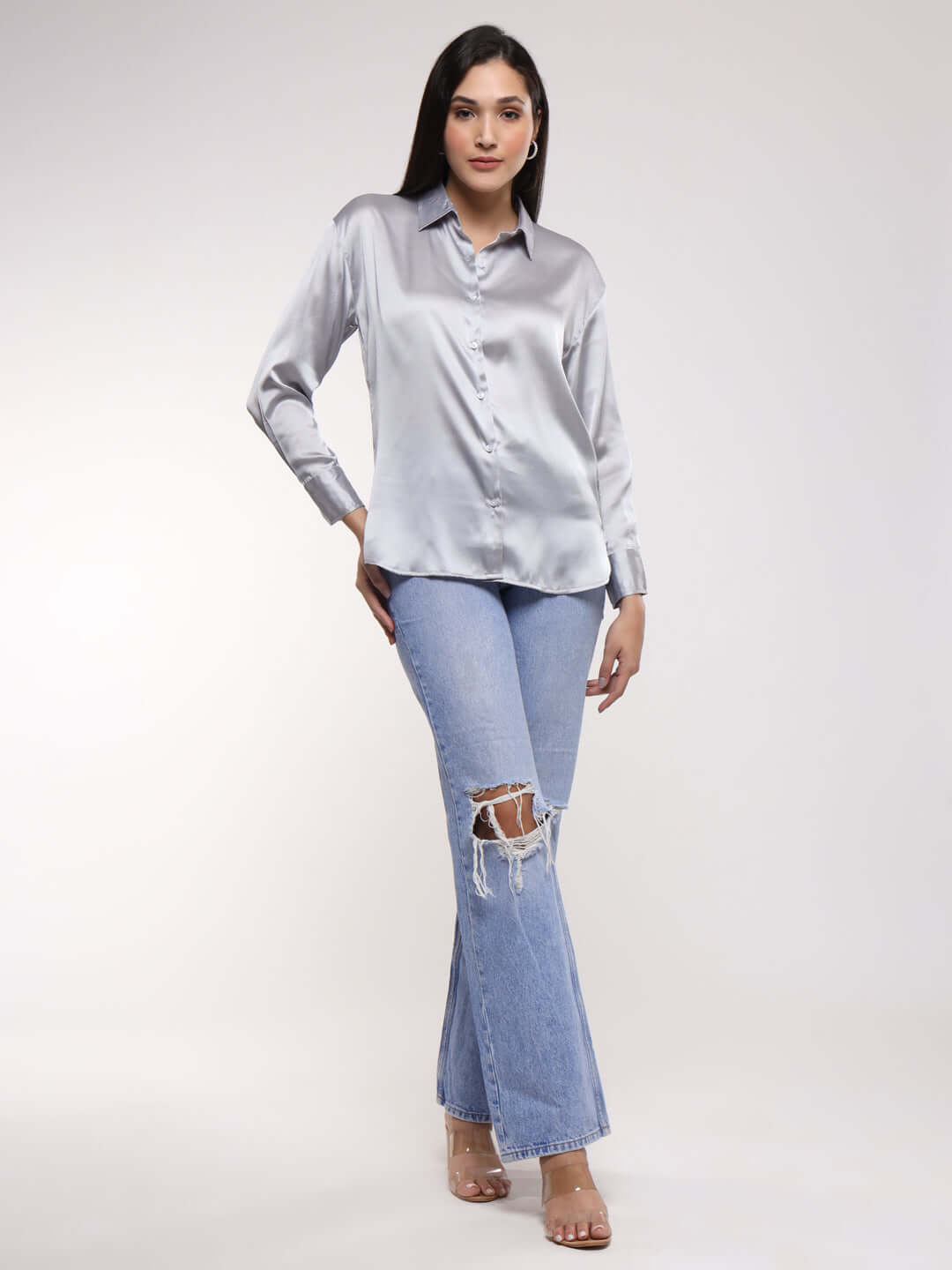 Women'S Premium Steel Grey Drop Shoulder Oversized Satin Shirt