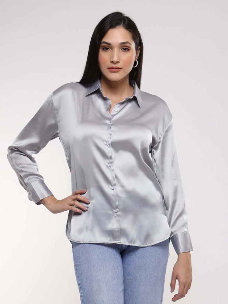 Women'S Premium Steel Grey Drop Shoulder Oversized Satin Shirt
