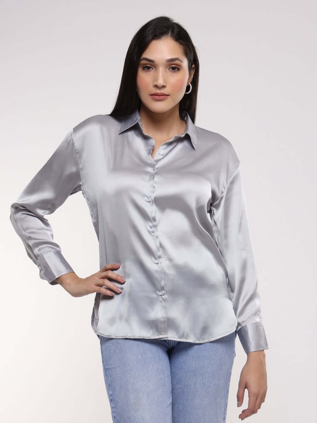 Women's Premium Silver Drop Shoulder Oversized Satin Shirt