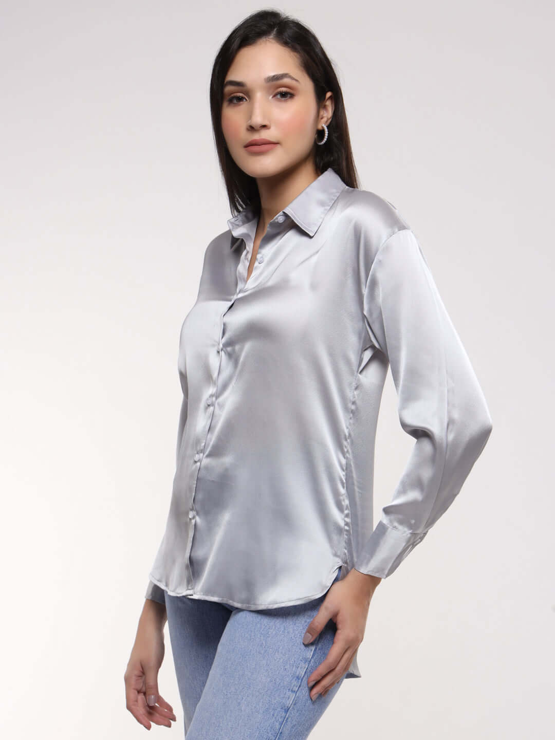 Women'S Premium Steel Grey Drop Shoulder Oversized Satin Shirt