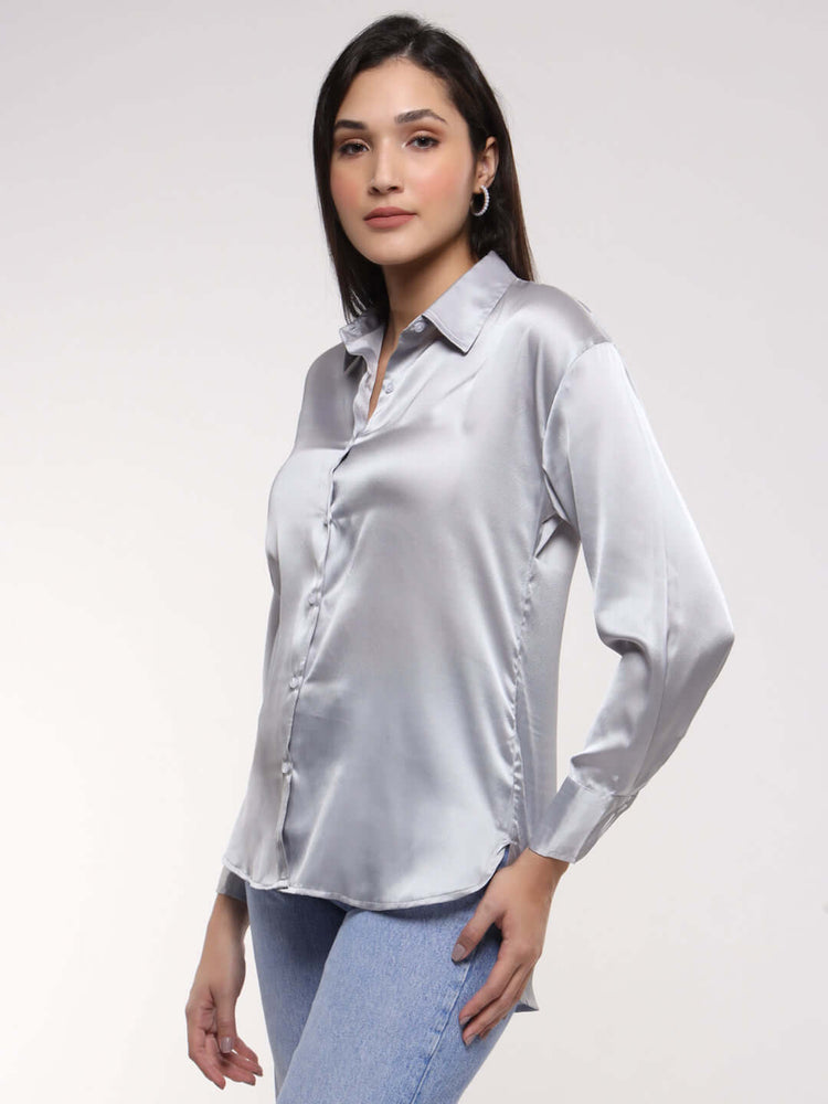 Women'S Premium Steel Grey Drop Shoulder Oversized Satin Shirt