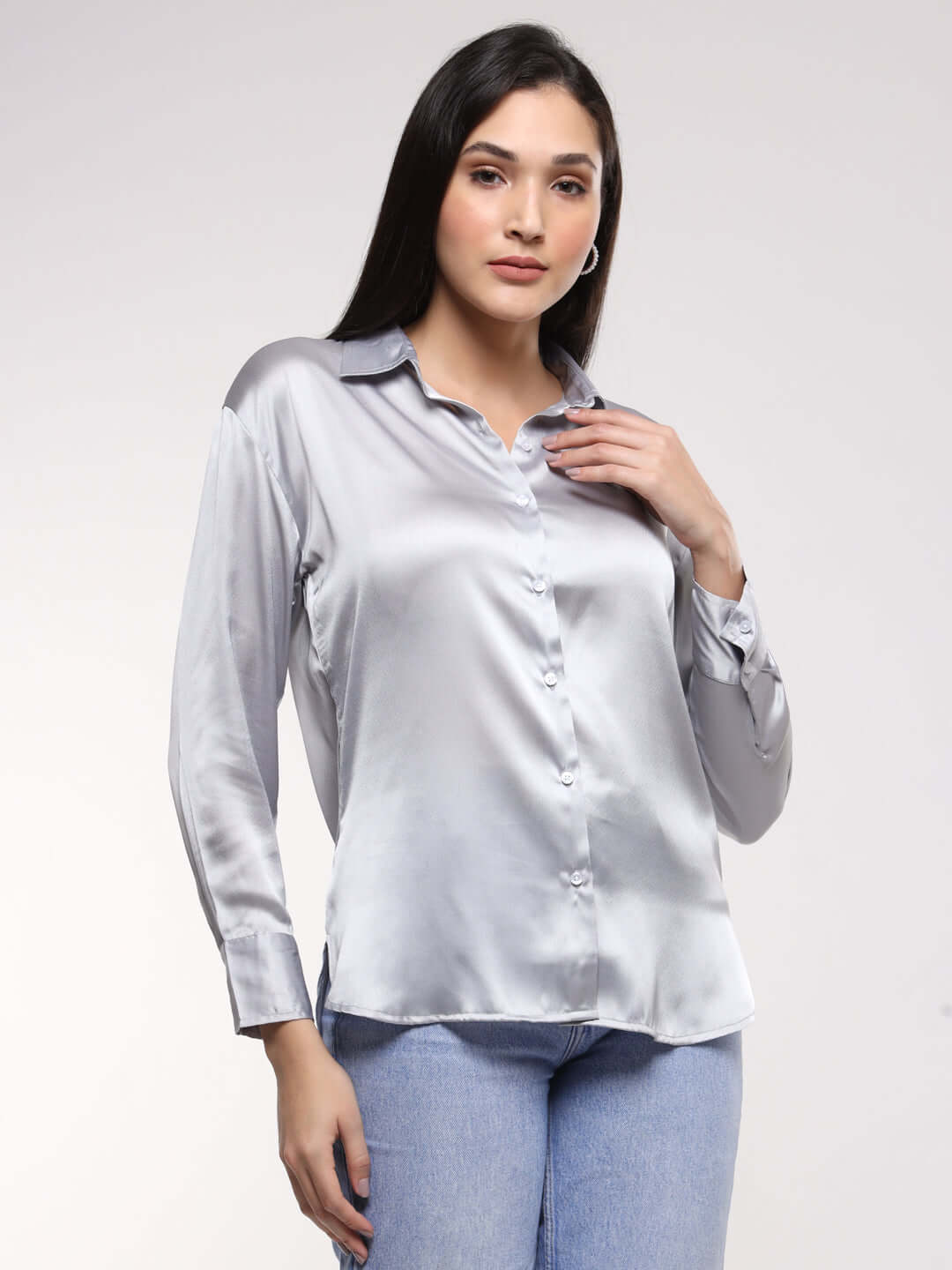 Women'S Premium Steel Grey Drop Shoulder Oversized Satin Shirt