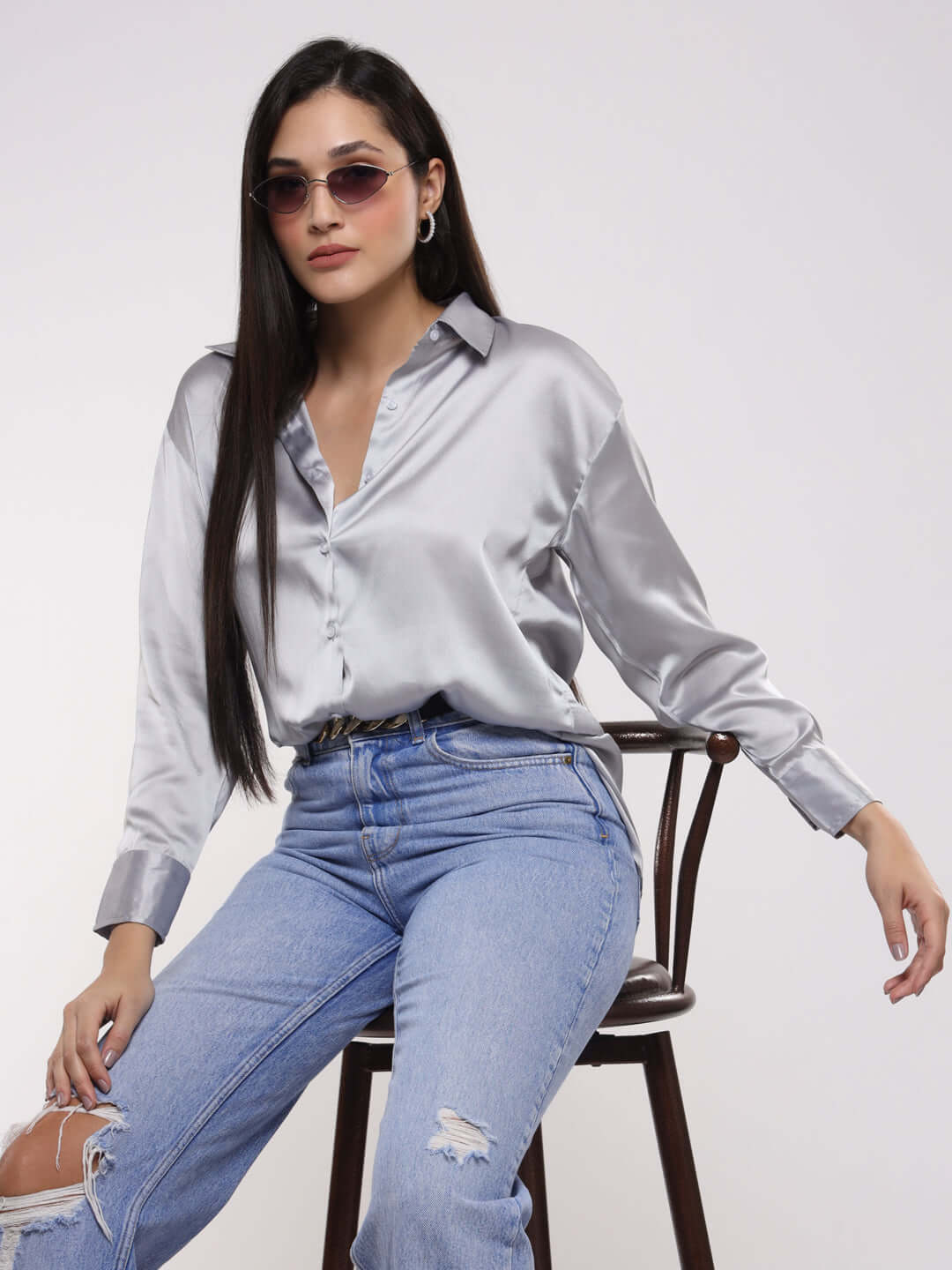 Women's Premium Silver Drop Shoulder Oversized Satin Shirt