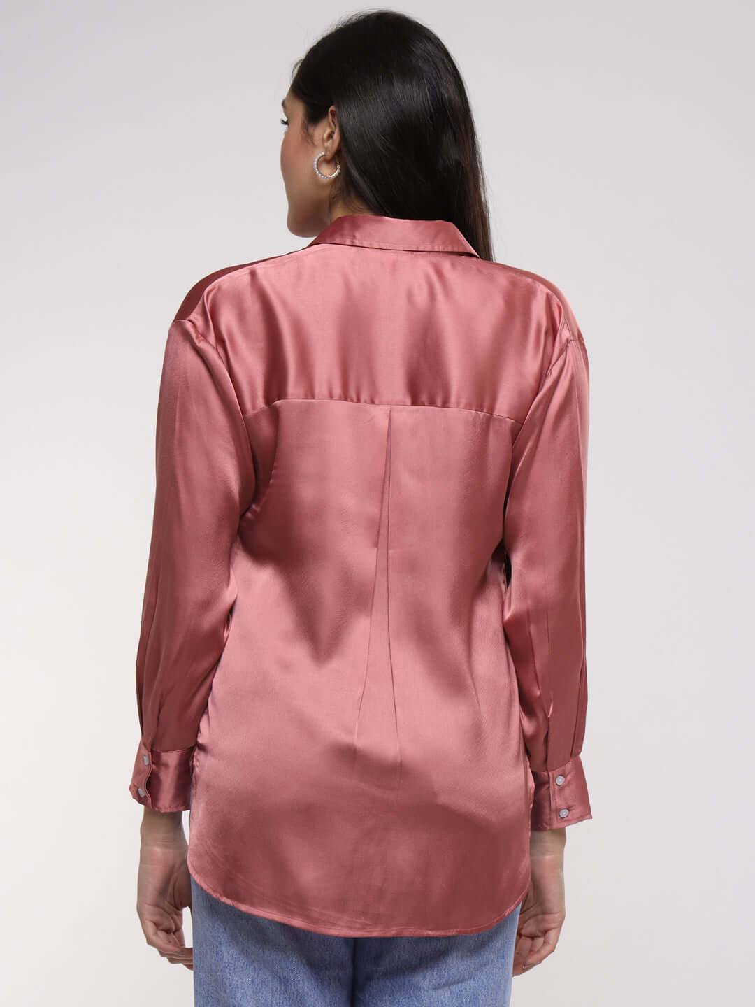 Women'S Rose Pink Drop Shoulder Oversized Satin Shirt