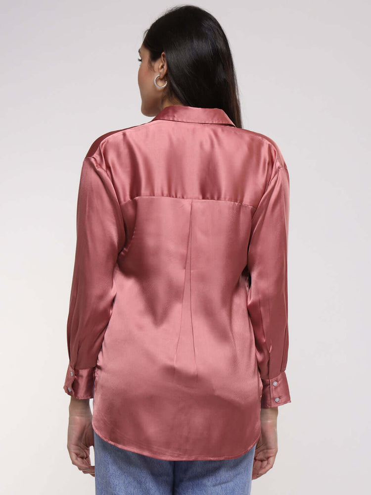 Women'S Rose Pink Drop Shoulder Oversized Satin Shirt