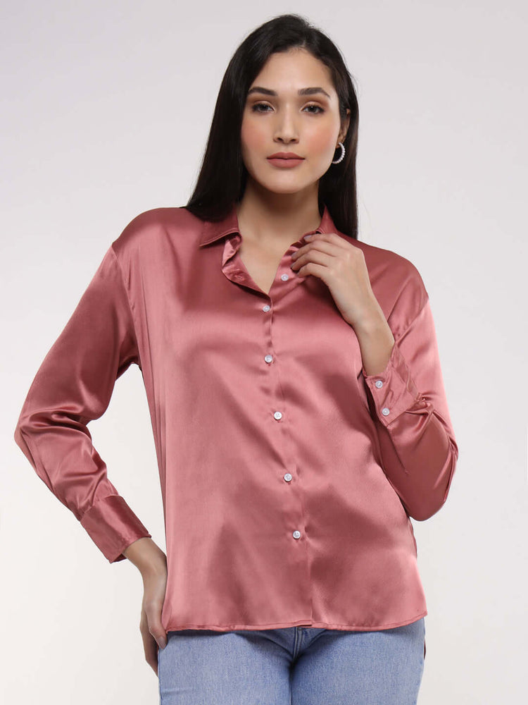 Women'S Rose Pink Drop Shoulder Oversized Satin Shirt