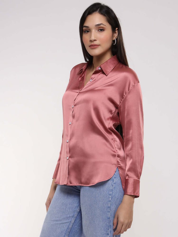 Women'S Rose Pink Drop Shoulder Oversized Satin Shirt