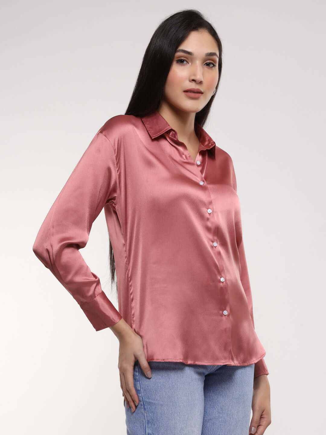 Women'S Rose Pink Drop Shoulder Oversized Satin Shirt