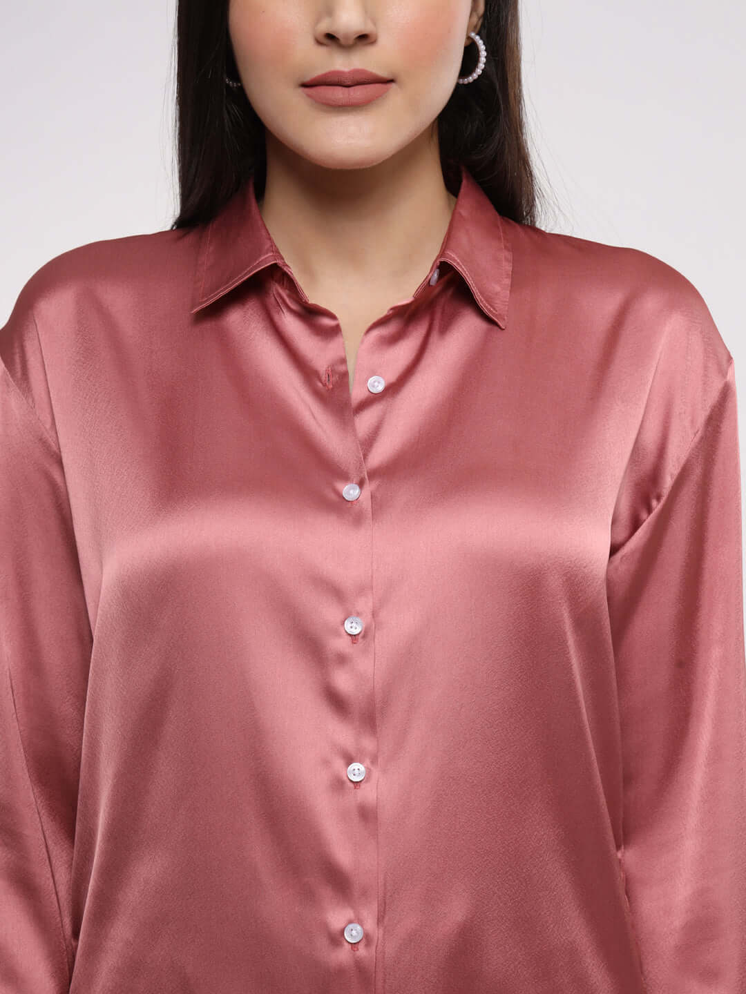 Women'S Rose Pink Drop Shoulder Oversized Satin Shirt