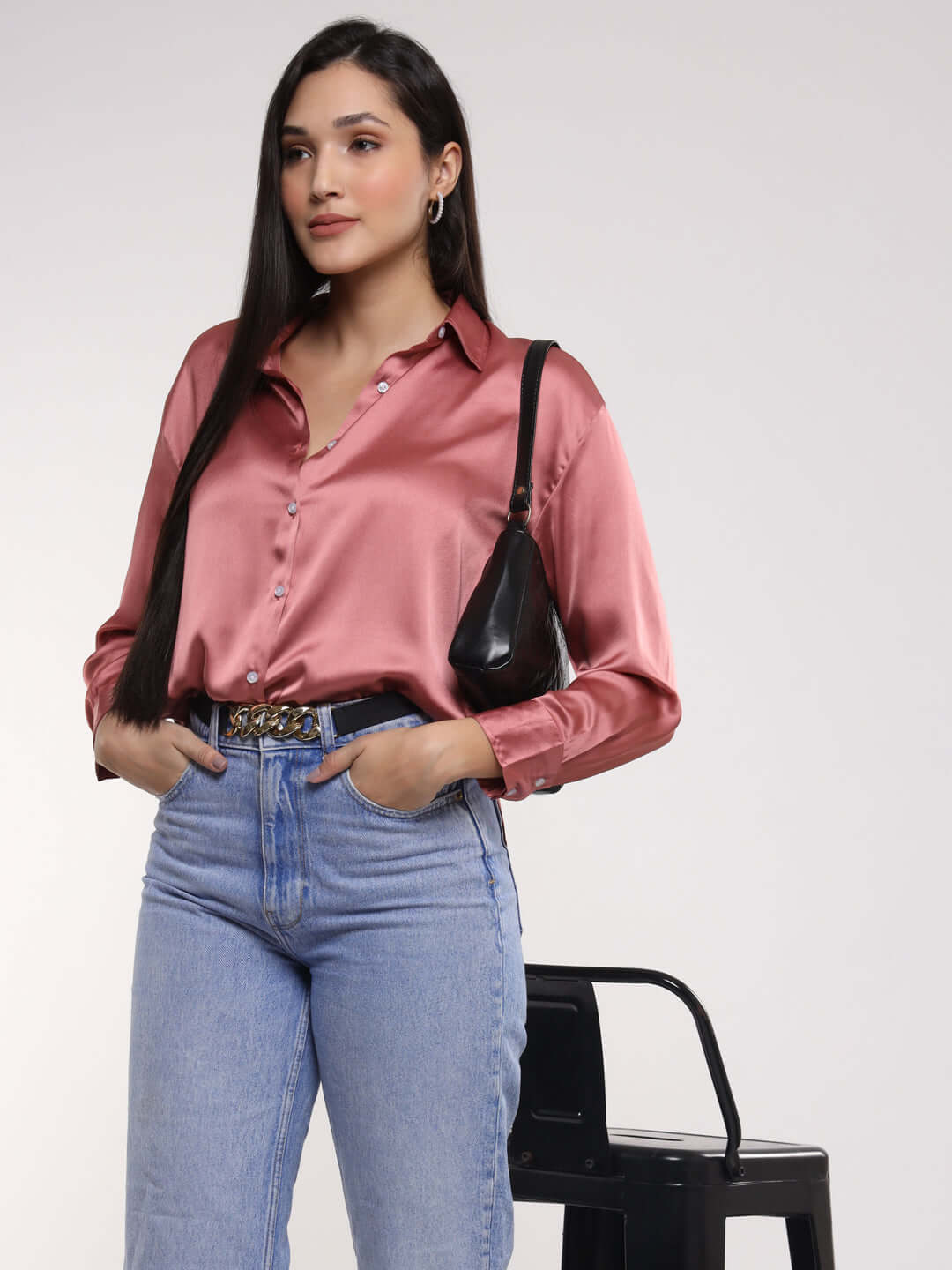 Women'S Rose Pink Drop Shoulder Oversized Satin Shirt