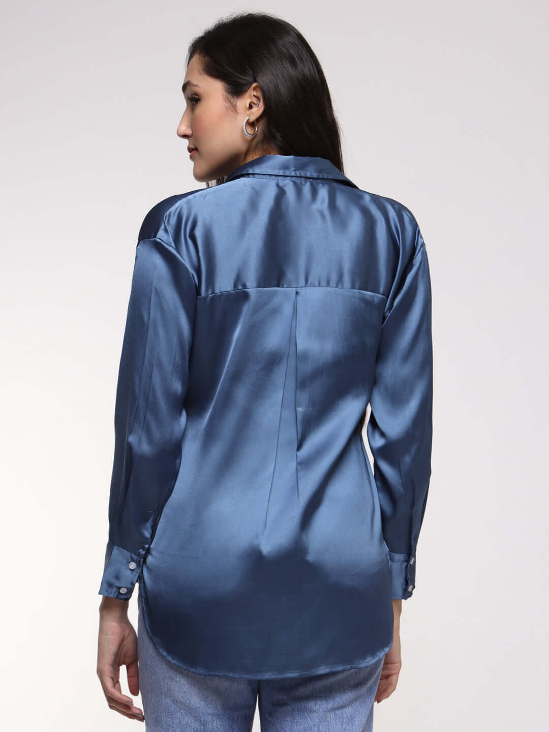 Women's Premium Marble Blue Drop Shoulder Oversized Summer Satin Shirt