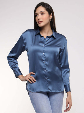 Women's Premium Marble Blue Drop Shoulder Oversized Summer Satin Shirt