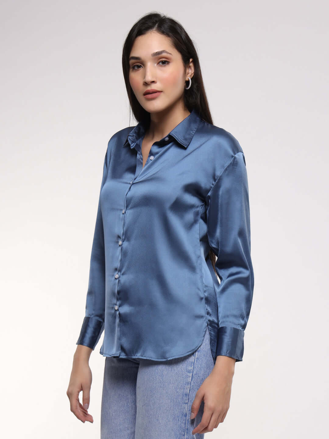 Women's Premium Marble Blue Drop Shoulder Oversized Summer Satin Shirt