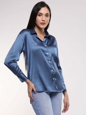 Women's Premium Marble Blue Drop Shoulder Oversized Summer Satin Shirt