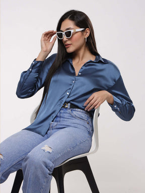 Women's Premium Marble Blue Drop Shoulder Oversized Summer Satin Shirt