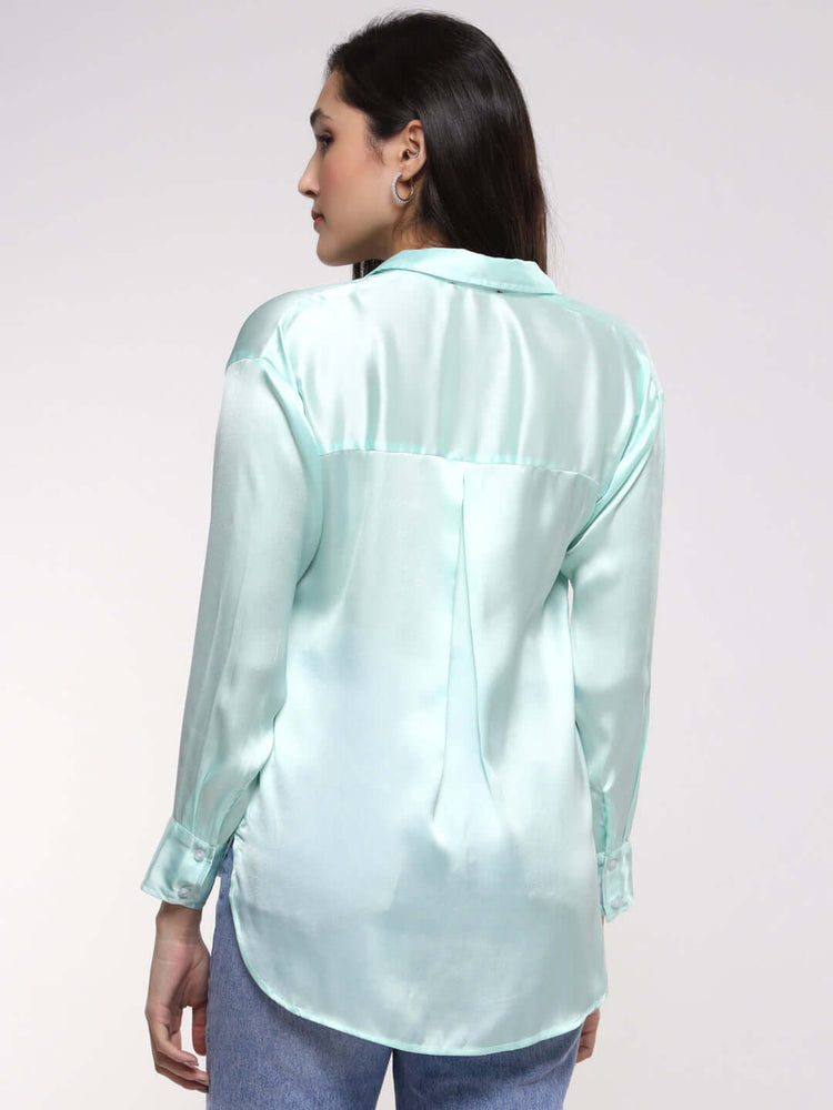 Women'S Premium Ice Green Drop Shoulder Oversized Satin Shirt