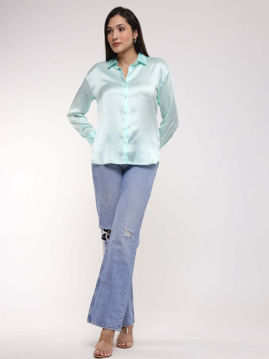 Women'S Premium Ice Green Drop Shoulder Oversized Satin Shirt