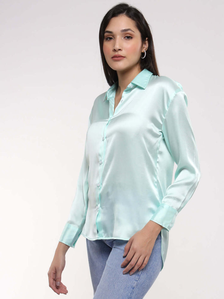 Women'S Premium Ice Green Drop Shoulder Oversized Satin Shirt