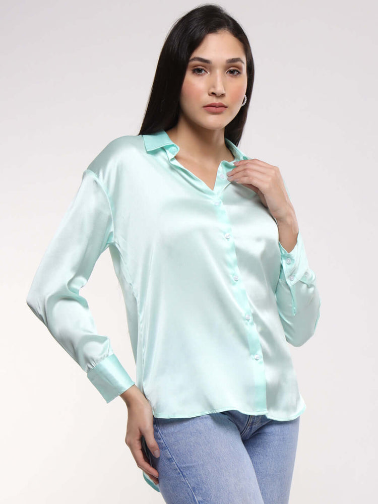 Women'S Premium Ice Green Drop Shoulder Oversized Satin Shirt