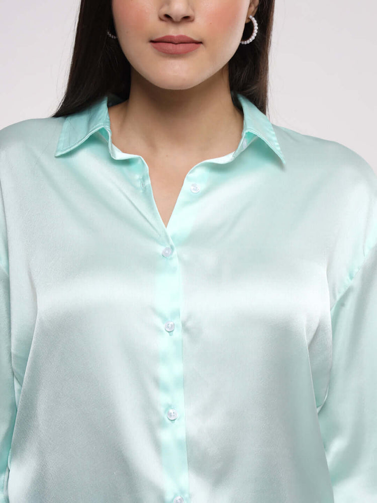 Women'S Premium Ice Green Drop Shoulder Oversized Satin Shirt