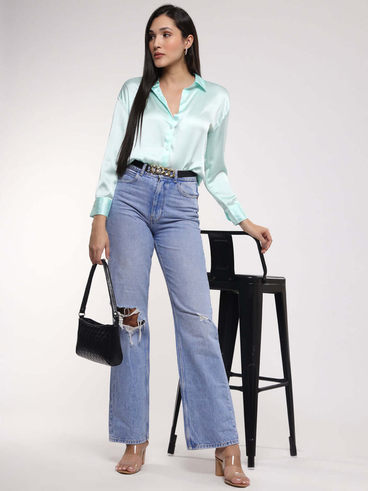 Women'S Premium Ice Green Drop Shoulder Oversized Satin Shirt
