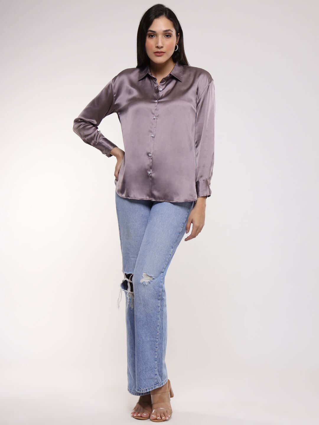 Women'S Premium Mauve Drop Shoulder Oversized Satin Shirt