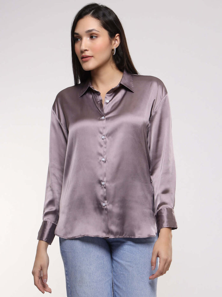 Women'S Premium Mauve Drop Shoulder Oversized Satin Shirt