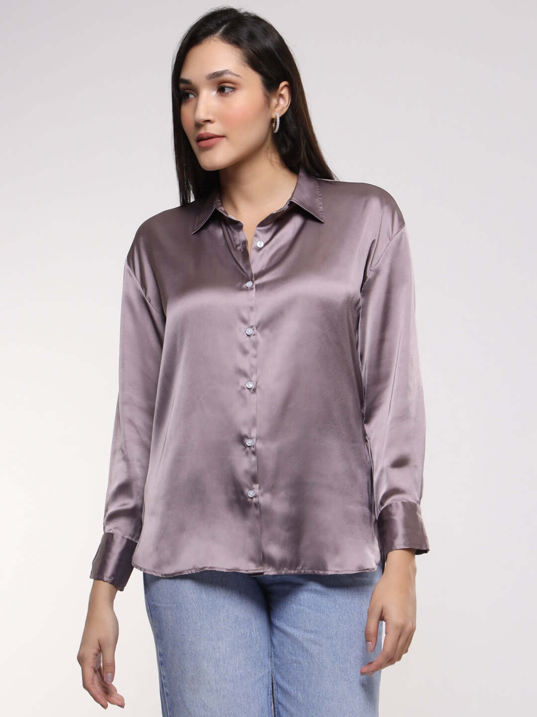 Women's Premium Mauve Drop Shoulder Oversized Satin Shirt