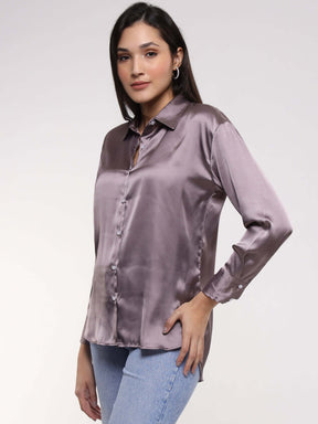 Women's Premium Mauve Drop Shoulder Oversized Summer Satin Shirt