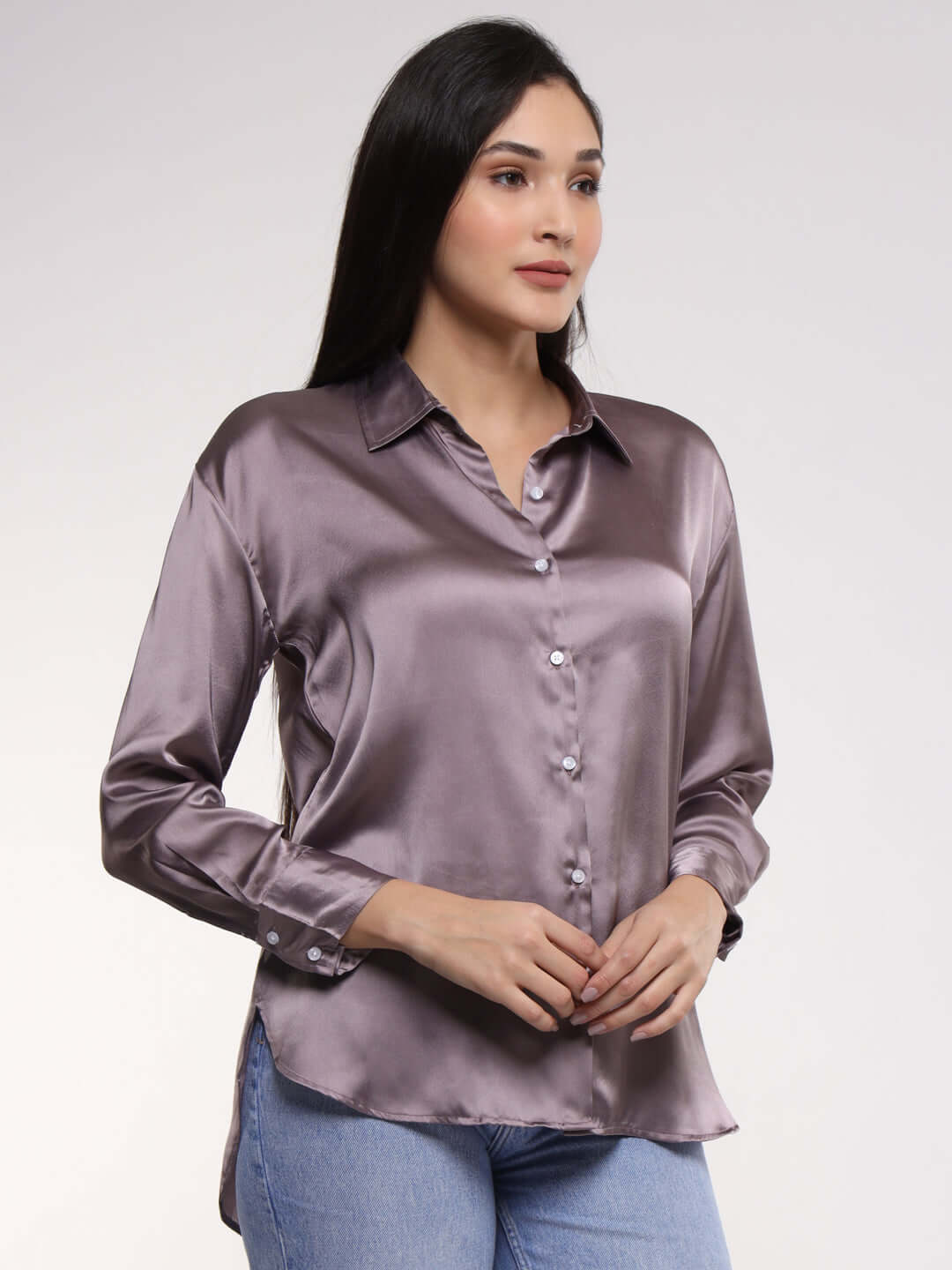 Women'S Premium Mauve Drop Shoulder Oversized Satin Shirt