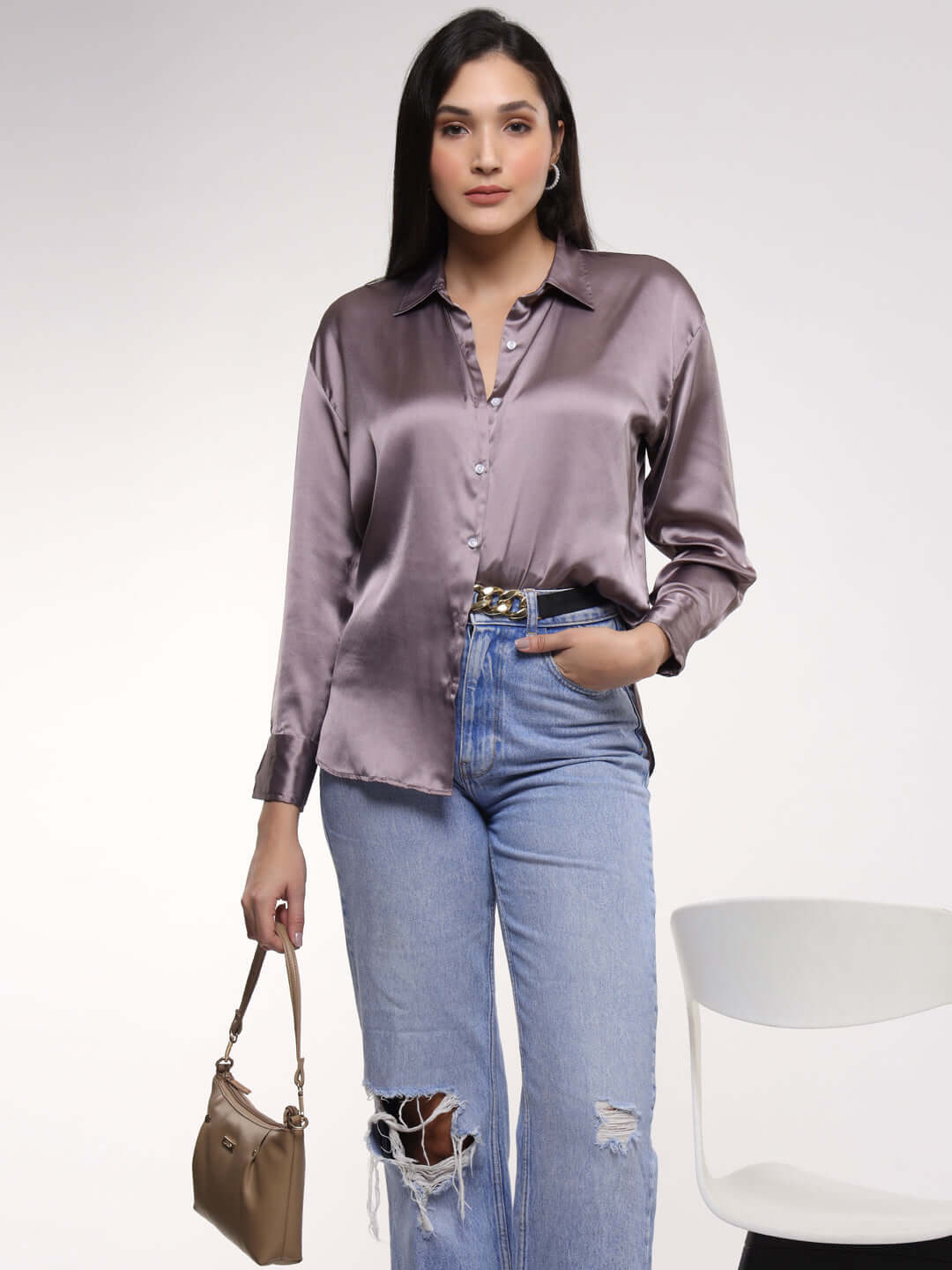 Women'S Premium Mauve Drop Shoulder Oversized Satin Shirt