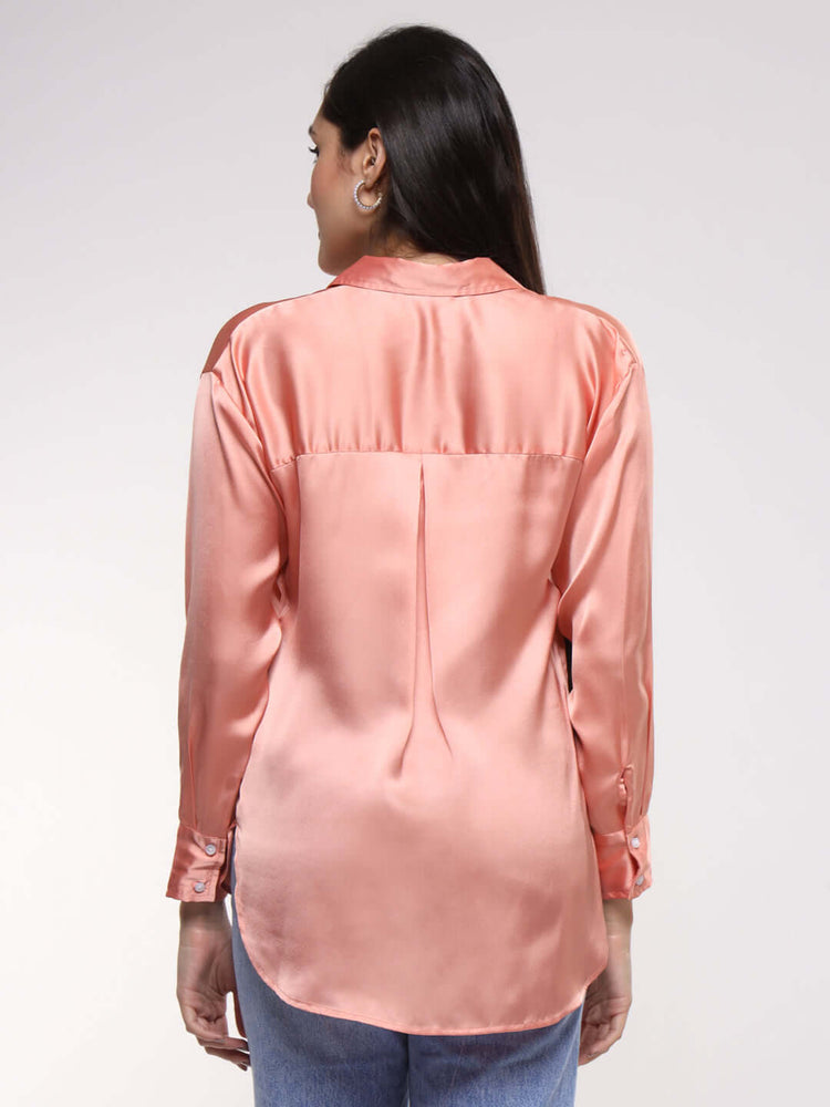 Women'S Premium Peachy Pink Drop Shoulder Oversized Satin Shirt